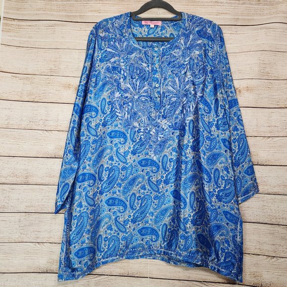 Jest Jewels Women's Size Large Blue Floral Embroidered Quarter Button Silk Blend - Picture 1 of 13